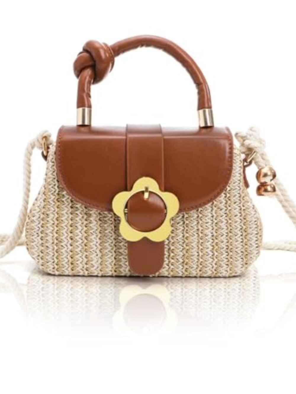 Straw Crossbody Bag Mini Top Handle Purse Floral Buckle Detachable Strap Women